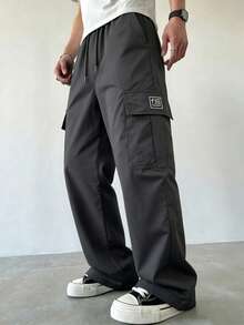 Men's Spring/Autumn Multi-Pocket Cargo Pants, Solid Color Loose Fit Fashion Sports Casual Long Pants - Grey - View 5