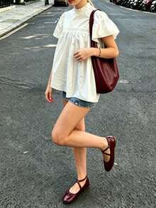 Women's Solid Color Blouse Shirt, Stand Collar Casual Minimalist Ruffle Sleeve Shirt White Summer - White - View 3