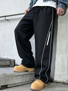 Men's Black Wide Leg Pants With Double White Side Stripes, Zipper Detail Pockets, Drawstring, Loose Lightweight Streetwear Long Pants - Black - View 4