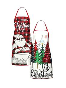 4pcs/2pcs Christmas Plaid Pattern Apron Set, Red Green Buffalo Check Xmas Truck & Reindeer Print Kitchen Cooking Baking Aprons For Holiday Party Decoration - Multicolor - View 11
