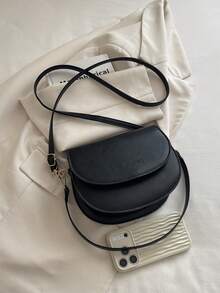 New Vintage Fashion Mini Solid Color Saddle Bag, Flap Opening, Adjustable Long Shoulder Strap, Small Capacity Lightweight Minimalist Shoulder Crossbody Bag, Suitable For Women's Daily Life, Casual, Commuting, Work, Vacation And Student Use - Black - View 4