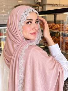 1pc New Silk Cotton Lace Scarf, Women's Muslim Hijab, Daily Soft Breathable Long Scarf, Elegant Headscarf, Versatile Elastic Shawl - Multicolor - View 21