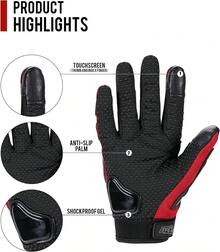 Guantes de motocicleta, rojos, estilo corto, hechos de cuero deportivo, modelo de verano, con funcionalidad de pantalla táctil.| Protección para los nudillos, tejido de malla transpirable, funcionalidad de pantalla táctil, palma antideslizante, correa de muñeca ajustable, dimensiones 23x11x5 cm. - A - Ver 5