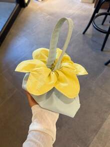 日韓風 INS 花卉抽繩便攜手提包，清新大容量新款通勤旅行百搭多巴胺色刺繡蝴蝶結水桶包 - 淺藍色 - 查看 5
