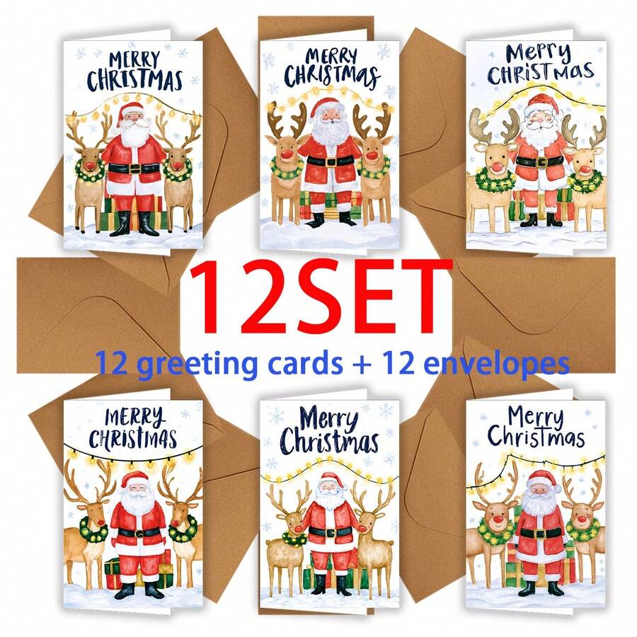 6set/12se Santa Claus And 2 Reindeer Greeting Cards And Envelopes | Blank Inside | Holiday Party Universal Invitation And Blessing Cards - Sets - View 1