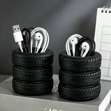 1pc Creative Realistic Tire Shaped Pen Holder, Car Enthusiast Desk Accessory, Personalized Desktop Storage Bucket, Stationery Office Organizer Decor - Multicolor - View 10