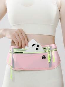 Peach Pink Slim Running Waist Pack, Multi-Pocket Sports Fanny Pack, Adjustable Elastic Waist Belt Bag, Portable Cell Phone Waist Pouch. - Pink - View 9