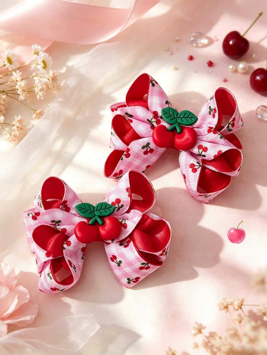 2pcs Cherry Print Satin Ribbon Bow Hair Clips With Lemon Slice Decor For Girls, Fresh Summer Daily Hair Accessories For Kids - Multicolor - View 1