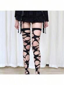 1/2 Pairs Gothic Fishnet Socks, Punk Style Ripped Asymmetric Hollow Out Y2K Lolita Sexy Spider Web Socks, Suitable For Women - Black - View 7