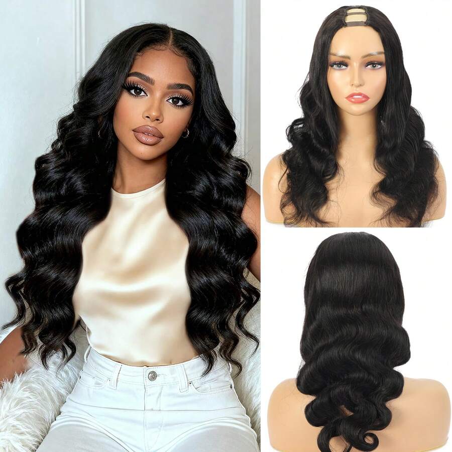 U Part Body Wave Human Hair Half Wigs Glueless For No Sew In No Leave Out 180% Density U Part Body Wave Wig Human Hair Natural Black Color 100% Human Hair Glueless - Natural Black - View 1