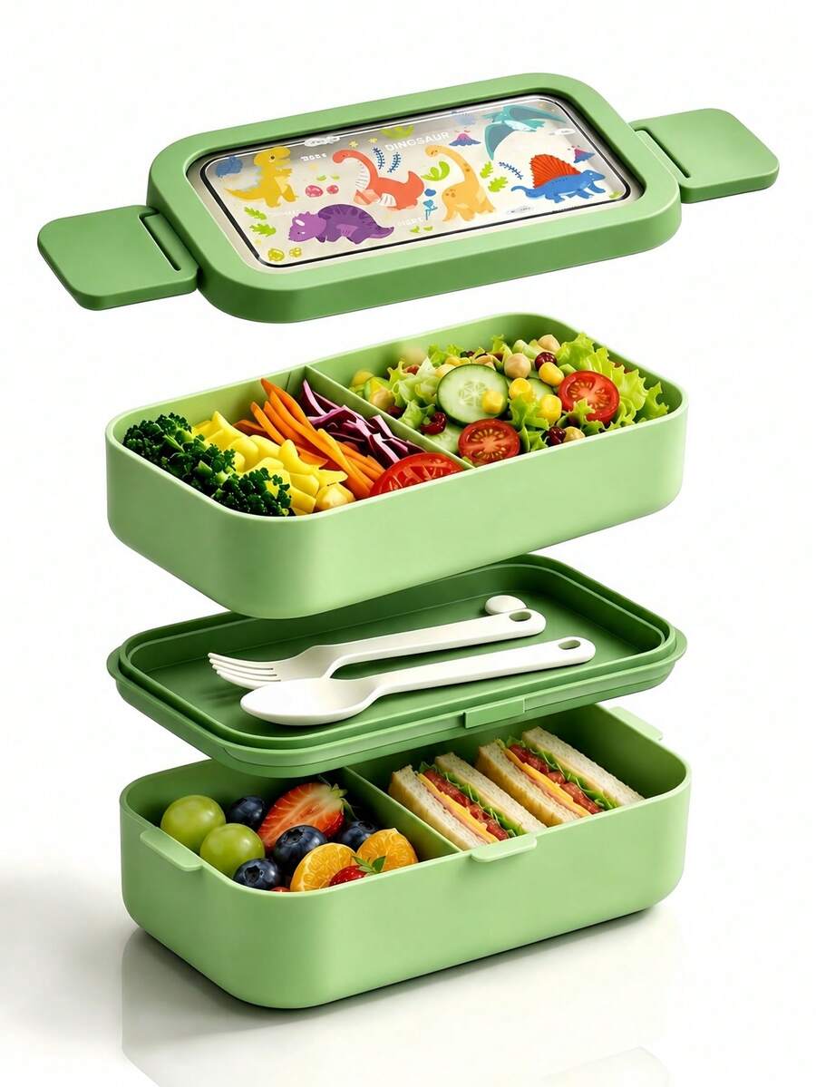 1 hộp cơm bento 2 lớp kèm bộ dụng cụ ăn, dùng được trong lò vi sóng và máy rửa bát, phù hợp cho dã ngoại, đi làm, picnic và đi học - Nhiều màu - Xem 1