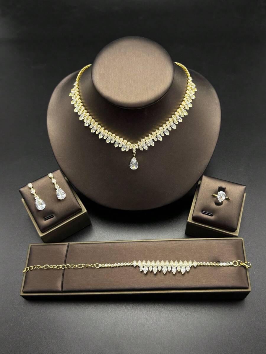 5pcs/Set Women's Fashion Luxury Marquise & Teardrop Shaped Sparkling Crystal Zirconia Decorated Necklace, Earrings, Bracelet, Ring, Suitable For Bride, Wedding, Holiday, Vacation, Daily Commute, Party, Gift, Elegant & Glamorous High-End Jewelry - Gold - View 1