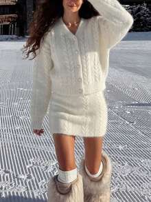 Minimalist Sexy Sexy Women's Soft Fluffy Cable Knit 2 Pieces Set, Autumn/Winter V-Neck Cropped Cardigan + Bodycon Mini Skirt Sweater Set - White - View 1