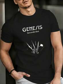 Casual Pure Cotton T-Shirt For All Seasons With Rocket Launch Pattern Print, Round Neck, Soft, Stretchy, Breathable. - 黑色 - 查看 1