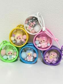 1 Set Dopamine Flocked Rabbit Flocked Doll With Round Transparent Bag Charm, Fur Ball Silicone Lanyard Bag Pendant, Birthday Gift, Party Favor - Multicolor - View 2