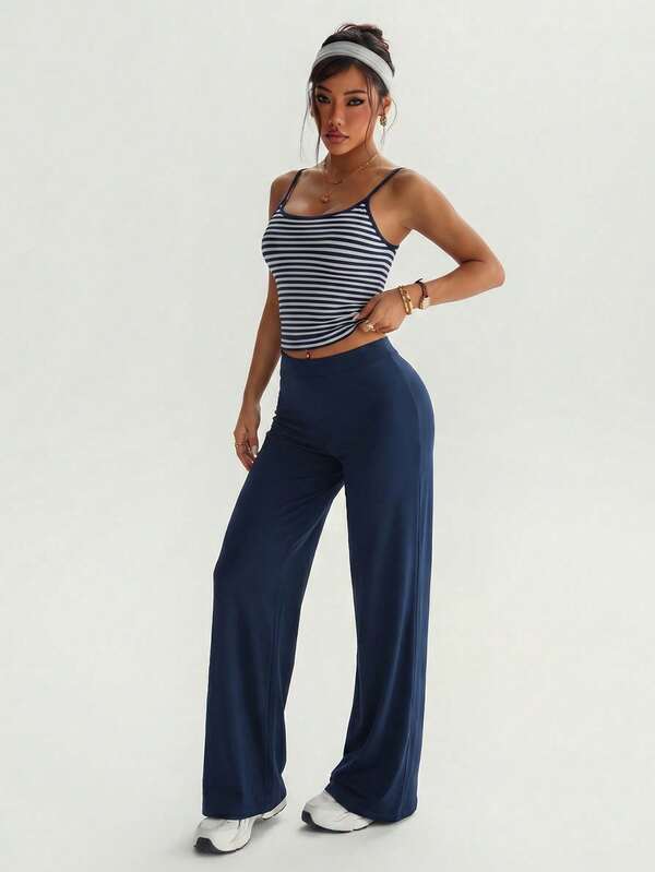 High Waist Elastic Wide Leg Pants, Butt-Lifting Soft Casual Flare Pants, Women's Daily Loose Straight Leg Long Pants