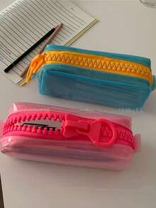 1pc Dopamine Color Jelly PVC Pencil Case, Large Zipper Transparent Pencil Pouch, Makeup Storage Bag - Multicolor - View 8