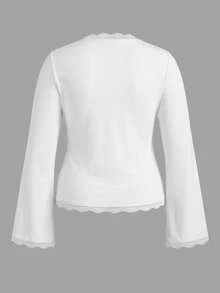 Women's V-Neck Lace Patchwork Long Sleeve Top - White - View 7