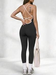 Cross-Back Yoga Jumpsuit, Pilates Workout One-Piece Jumpsuit, Slimming And Flattering. Sports Black - Black - View 6