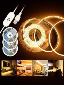 1m/2m/3m/4m/5m COB LED Strip Light, USB Interface, 5V Low Voltage Flexible Self-Adhesive Touch Switch Light Strip, Suitable For TV Backlight, Cabinet, Wardrobe, Home And Holiday Atmosphere Decoration - Touch Type - View 2