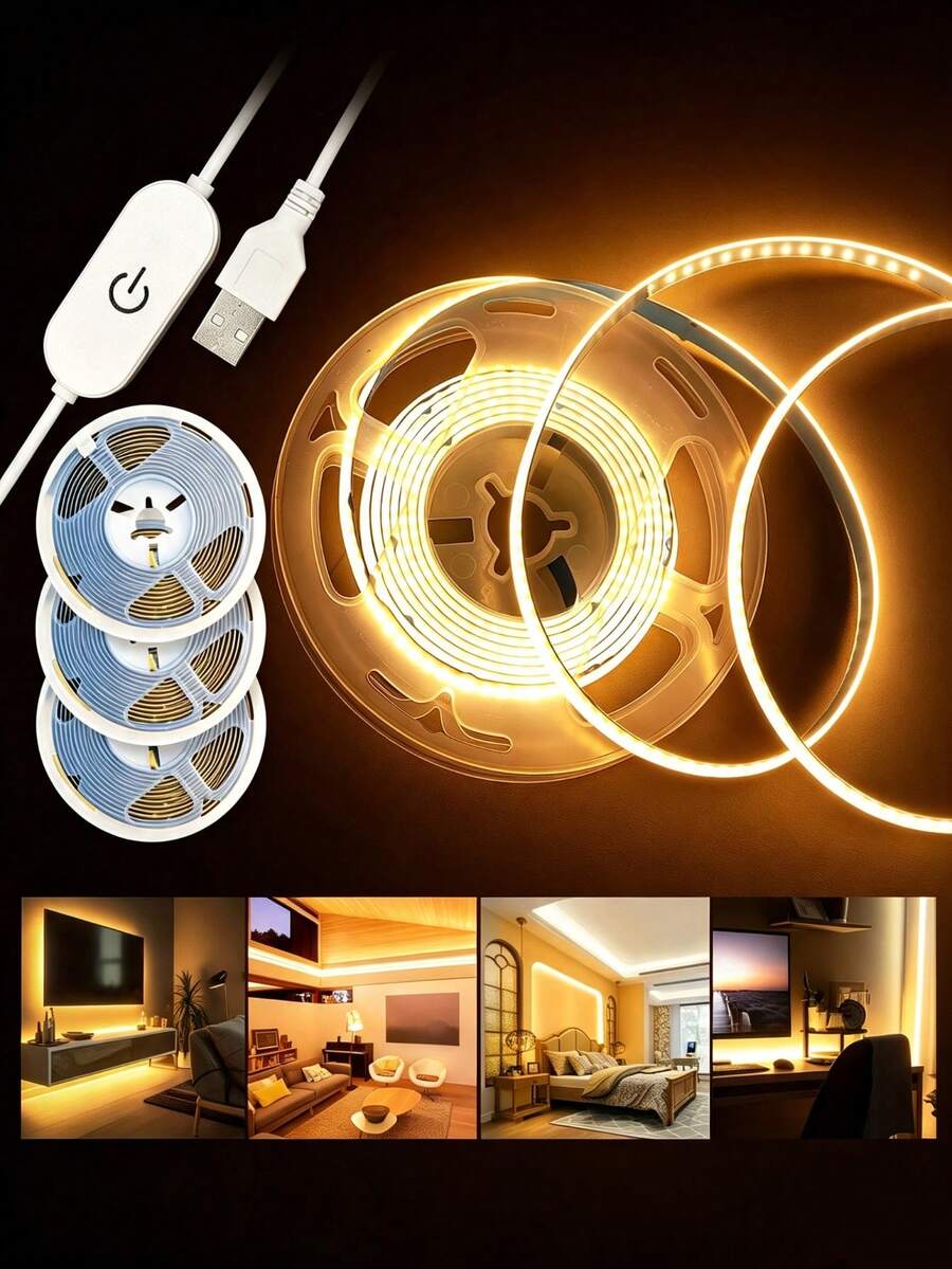 1m/2m/3m/4m/5m COB LED Strip Light, USB Interface, 5V Low Voltage Flexible Self-Adhesive Touch Switch Light Strip, Suitable For TV Backlight, Cabinet, Wardrobe, Home And Holiday Atmosphere Decoration