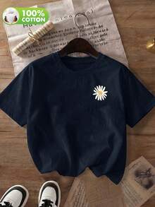 Women's Navy Blue "Florida Flower Market" Daisy Print Cotton Crew Neck Short Sleeve Casual T-Shirt, Spring/Summer/Autumn Vacation - Navy Blue - View 4