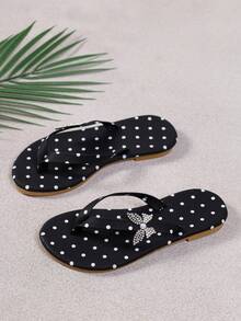 A Pair Of Girls' Polka Dot Butterfly Flip-Flops, Kids' Summer Toe-Post Sandals, Suitable For Daily Leisure And Beach Vacation Scenarios - Black - View 2