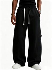 Men's Loose Fit Sports Pants, Wide Leg Casual Jogging Pants | High Waist Drawstring, 2 Deep Pockets, Open Hem, Loose Joggers, Streetwear Style - Black - View 1