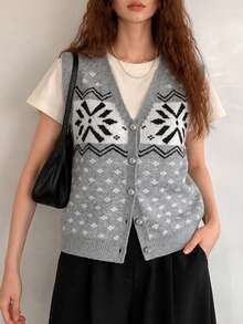 Rompi Pullover Leher V Motif Bunga Gaya Minimalis Elegan Kasual Musim Gugur/Dingin untuk Wanita - Grey - View 3