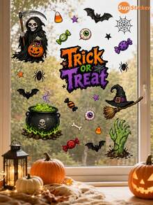 SUPSTICKER 1 Buah Stiker Dinding & Jendela Halloween, Desain Trick-Or-Treat yang Lucu dan Menyeramkan, Stiker PVC Perekat Mandiri yang Dapat Dilepas untuk Dekorasi Pesta Rumah, 3 Gaya - MultiWarna - View 2