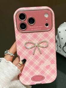 Ins Style Houndstooth Pink Bow Phone Case Compatible With Iphone 16, 17 Pro Max, 15, 14, 18 Pro Max, Full Coverage Anti-Drop, Niche Design For Women - Pink - View 5