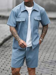 Men's Casual Solid Color Zipper Placket Pocket Shirt And Shorts Set - Dusty Blue - View 6