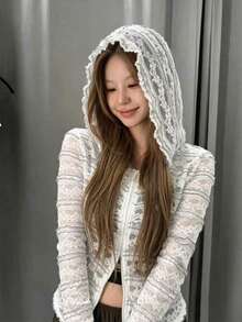 韓系重磅蕾絲半透 INS 博主同款小眾修身連帽拉鍊外套 女款 白色 - 白色 - 查看 2