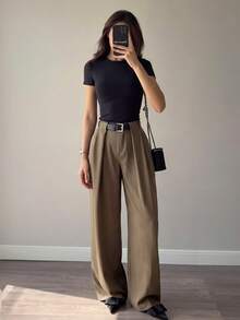Summer Women's Tailored Wide-Leg Pants, High-Waist Design, Exposed Seams, Fashionable Style (No Belt) - Volcanic Gray - View 4
