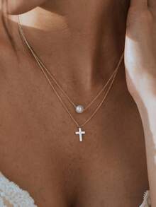 2pcs Set Elegant Minimalist Pearl Cross Pendant Layered Necklace, Double Thin Chain Choker Necklace, Women's Fashion Wedding Birthday Daily Religious Jewelry - Gold - View 4