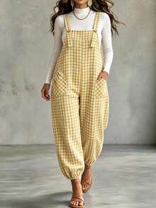 Plus Size Women's Elegant Plaid Jumpsuit With Pockets And Buttons, Suitable For Vacation And Commute, Spring/Summer - Yellow - View 1