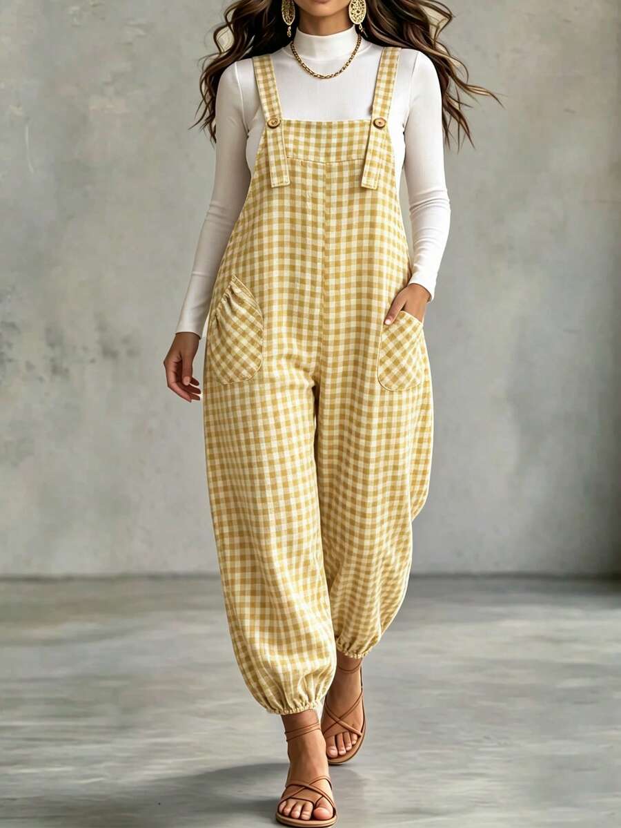 Plus Size Women's Elegant Plaid Jumpsuit With Pockets And Buttons, Suitable For Vacation And Commute, Spring/Summer - Yellow - View 1