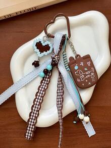 1pc Korean Ins Style Puppy Keychain Blue & Brown Plaid Ribbon Pendant Bag Charm - Multicolor - View 3