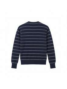 Korean Style Striped Knit Cardigan, Autumn Casual Short Length Long Sleeve Thin Cardigan Sweater, Women's Open Front Jacket - Navy Blue - View 10