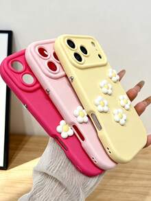 KOOLIFE 1pc Soft Solid Color Phone Case For Apple 17/16/15 Pro Max, Decorated With 3D Floral Pattern, Anti-Slip Soft TPU +PC Wear-Resistant Frame, Camera Bump Protection, Suitable For Daily Use, Holiday Gift - Magenta + Yellow Flower - View 5
