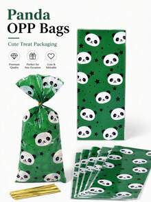 50/100pcs Green Panda Print OPP Treat Bags With Gold Twist Ties, Cute Cartoon Animal And Star Pattern Candy Snack Gift Packaging Bags, Clear Party Favor Pouches For Birthday Celebrations, Panda Theme Dessert Tables, Bakery Packaging, Reusable Bags - Multicolor - View 3