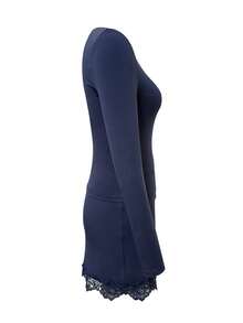 LovelyWholesale Women'S Solid Crew Neck Long Sleeve Crop Top Drawstring Waist Lace Trim Mini Skirt 2 Pieces Set, Stretchy Night Out Outfit Fall Outfit - Navy Blue - View 5