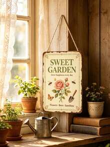 Papan Tanda Logam Vintage "Sweet Garden", Dekorasi Dinding Logam Retro dengan Gantungan Tali, Cocok untuk Pagar Halaman, Rumah Pertanian, dan Taman. - Papan Dekoratif Kaleng Antik Sweet Garden - View 3