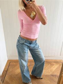 Womens Surplice Wrap Deep V 3/4 Sleeve Crop Top, Side Ruched Stretch Slim Y2K Layering Going Out Blouse - Pink - View 5