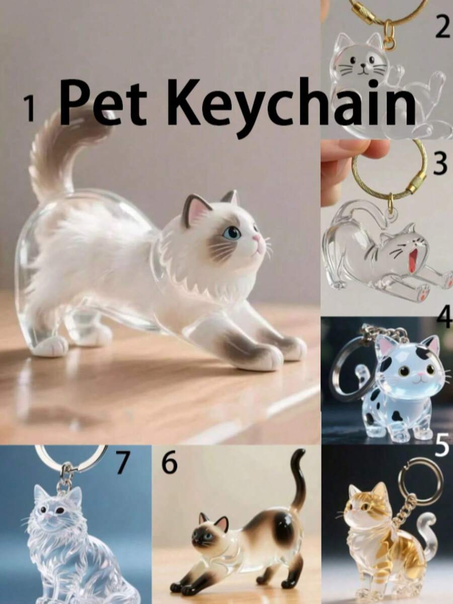Transparent Cat-Shaped Memorial Pendant, Multiple Cute Cat Styles Available, Clear And Exquisite Shell, Can Store Pet Hair, Preserve Memories With Your Pet, Keychain, Can Be Hung On Bags, Keys, Suitable As Pet Memorial Gift - Multicolor - View 1