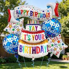 Birthday Theme Aluminum Foil Balloon Set, Colorful HAPPY BIRTHDAY Banner, Round And Star Balloons, Children's First Birthday Party Living Room Background Decoration, Atmospheric Birthday Scene Decor - View 7