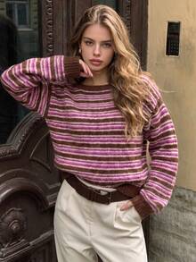 Women's Brown Pink White Colorblock Striped Knit Sweater, Vintage Round Neck Raglan Long Sleeve Loose Soft Short Pullover Top, Knit Sweater For Women - Brown - View 8
