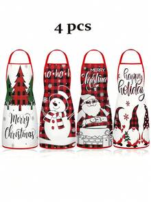 4pcs/2pcs Christmas Plaid Pattern Apron Set, Red Green Buffalo Check Xmas Truck & Reindeer Print Kitchen Cooking Baking Aprons For Holiday Party Decoration - Multicolor - View 12
