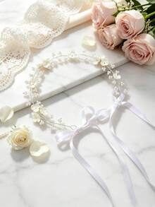 1pc Women's Elegant Minimalist Floral Beaded Headband, Small Flower Rice Bead Soft Chain Bridal Hair Accessory, Suitable For Dressing Up And Photography - Silver - View 2