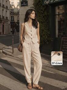 Conjunto de chaleco y pantalones de lino casual para mujer, primavera/verano - Albaricoque - Ver 1